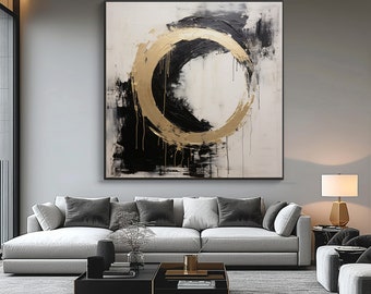 Circle, Black, Gold, Beige Textured Painting, Acrylic Abstract Oil Painting, 100% Hand Painted, Wall Decor Living Room, Office Wall Art