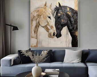 Horse Love, Black Horse, White Horse, Gold Textured Painting, Acrylic Abstract Oil Painting, 100% Hand Painted, Wall Decor Living Room