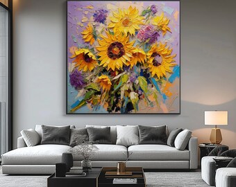 Sunflower, Flowers, Flowers Bunch Textured Painting, Acrylic Abstract Oil Painting, 100% Hand Painted, Wall Decor Living Room, Office Wall