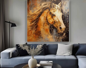 Portrait de cheval, peinture texturée or, orange, noir, peinture acrylique abstraite à l'huile, 100 % peint à la main, décoration murale salon, bureau