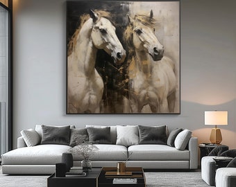 White Horses, Black Textured Painting, Acrylic Abstract Oil Painting, 100% Hand Painted, Wall Decor Living Room, Office Wall Art