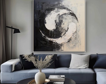 Yin Yang, Peinture texturée noir et blanc, Peinture à l'huile abstraite acrylique, 100 % peint à la main, Décoration murale de salon, Art mural de bureau