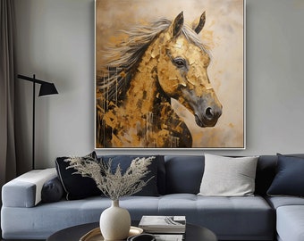 Portrait de cheval, Or, gris, beige, peinture texturée, peinture acrylique abstraite à l'huile, 100 % peint à la main, décoration murale de salon, mur de bureau