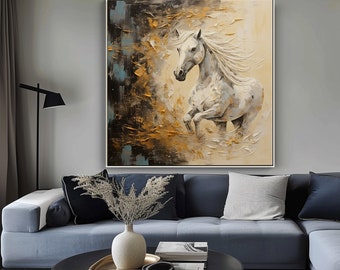 Rennend wit paard, geel, beige, blauw getextureerd schilderij, acryl abstract olieverfschilderij, 100% handgeschilderd, wanddecoratie woonkamer, kantoor