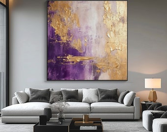 Paars, goud getextureerd schilderij, acryl abstract olieverfschilderij, 100% handgeschilderd, muur decor woonkamer, kantoor kunst aan de muur