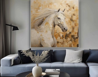 Wit paard, geel, beige tinten getextureerd schilderij, acryl abstract olieverfschilderij, 100% handgeschilderd, wanddecoratie woonkamer, kantoormuur