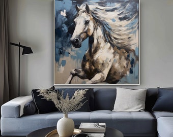 Steigerend wit paard, blauw getextureerd schilderij, acryl abstract olieverfschilderij, 100% handgeschilderd, muur decor woonkamer, kantoor kunst aan de muur