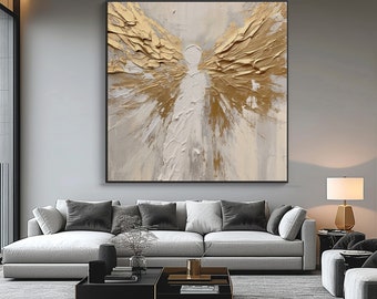 Gouden gevleugelde engel getextureerde schilderij, acryl abstracte olieverfschilderij, 100% handgeschilderde, muur decor woonkamer, kantoor kunst aan de muur