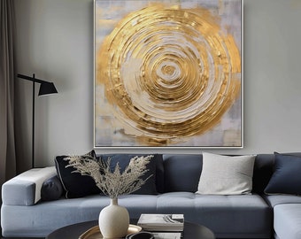 Cirkel, goud, grijs getextureerd schilderij, acryl abstract olieverfschilderij, 100% handgeschilderd, muur decor woonkamer, kantoor kunst aan de muur