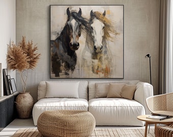 Zwart paard, wit paard, paardenliefde getextureerd schilderij, acryl abstract olieverfschilderij, 100% handgeschilderd, wanddecoratie woonkamer, kantoor