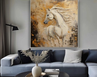 Portrait de cheval blanc, peinture texturée beige et orange, peinture à l'huile abstraite acrylique, 100 % peint à la main, décoration murale de salon, mur de bureau