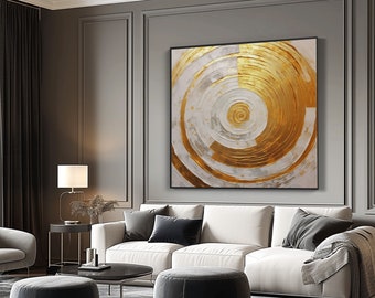 Cirkel, beige, goud getextureerd schilderij, acryl abstract olieverfschilderij, 100% handgeschilderd, muur decor woonkamer, kantoor kunst aan de muur