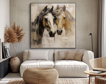 Horse Love Portrait, Black, Beige Textured Painting, Acrylic Abstract Oil Painting, 100% Hand Painted, Wall Decor Living Room, Office Wall