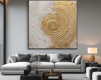 Circle, Gold, Beige Textured Painting, Acrylic Abstract Oil Painting, 100% Hand Painted, Wall Decor Living Room, Office Wall Art