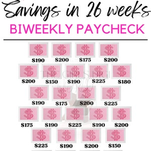 May include: A pink and white savings chart with the text "$5000 Savings in 26 weeks." The chart is designed for biweekly paychecks, featuring pink dollar signs and amounts ranging from $150 to $225.