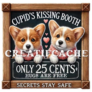 Kissing Booth Wood Digital Print, Valentine Puppy, Square Wreath Hanger, PNG Sublimation, Dog Lover, DIY Valentine, Sign Making, Commercial