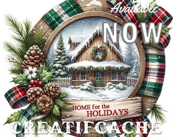 Rustic Christmas Farmhouse Round Home for the Holidays Digital PNG Sublimation Wreath Sign Door Hanger Printable Download Commercial use