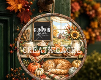 Ronde PNG-print met pompoen- en kruidenmotief, herfstdecoratie voor de keuken, rustiek bord met sublimatieprint.