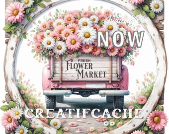 Farmhouse Square Spring Daisy Truck, PNG Sublimation DIY Sign, Decal, Ornaments, Wreath Decoration, Door Hanger, Spring Transfer, Crafts, CU