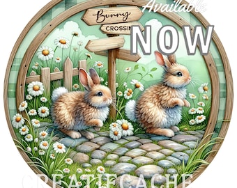 Bunny Crossing Round PNG Door Hanger Wreath Accent Sublimation (Digital Download)