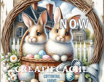 Cottontail Farms Easter Bunny Basket Wreath | Farmhouse Door Hanger Decor | Square Accent Sign PNG
