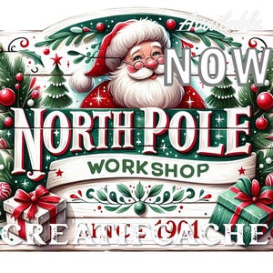 Santa&#39;s Workshop, Santa Digital PNG Metal Sign, Hot Drink, Cute Snowman, DIY Signs, Transfer, Sublimation, Home Decor, Xmas Crafts