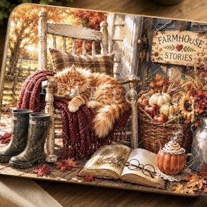 Diseño de sublimación de gato acogedor de estilo granja otoñal / Tabla de cortar / Manualidades / Bandeja escalonada / Transferencia de tela