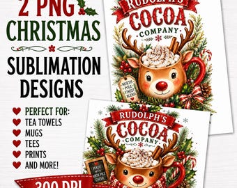 Christmas Hot Cocoa PNG Sublimation, Rudolph Reindeer Mug Digital Template, Heat Press