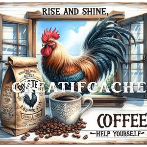 May include: A vintage-style metal sign with a rooster and a bag of coffee beans. The sign reads "Rise and Shine, Coffee - Help Yourself".