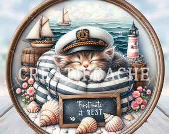 Round PNG Nautical Kitten Sublimation for Signs, Decals, Stickers, Fabric Transfer, Transfer, Commercial Use Add your own text customization