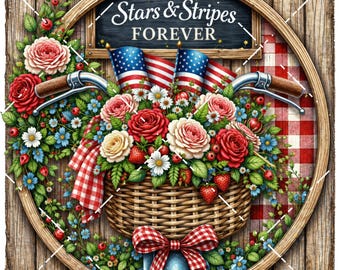 Round American Bicycle PNG Sublimation 4th of July Flowers, DIY Decor, Craft Supply, Digital Print, Transfer