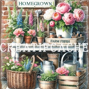 May include: A rustic display of potted flowers and a woven basket filled with blooms. The scene includes a sign that reads "Homegrown" and a wooden crate labeled "Farm Fresh." The overall color palette is soft, with pinks, whites, and greens.