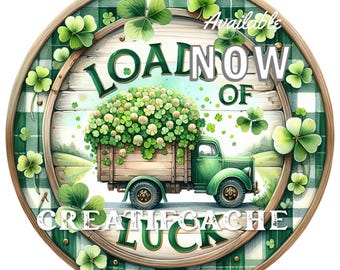 Loads of Luck, St Patricks Day Green Truck, Clover, Shamrocks, Plaid, PNG Round Digital Sublimation Print, Ceramics, Stickers, Decals, DIY