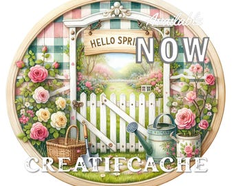 Hello Spring Garden Cottage Picket fence Round PNG Sublimation, DIY Spring Sign, Door Hanger, Tiered Tray, Fabric Transfer, Cutting Board