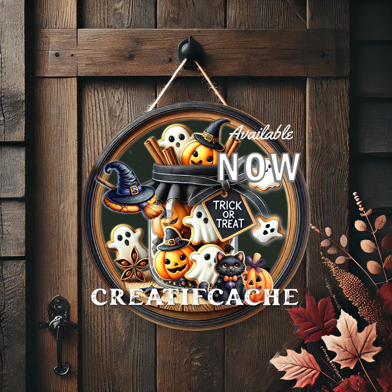 May include: A round wooden door hanger with a black and white illustration of a mason jar filled with Halloween treats. The jar is decorated with ghosts, pumpkins, and a black cat. The text "Trick or Treat" is written on a chalkboard sign. The text "Available NOW" is written on a white banner.