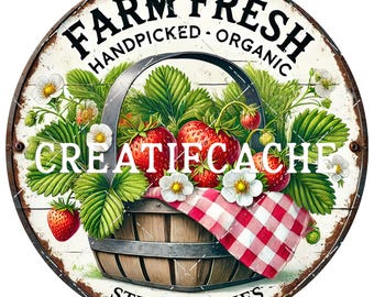 Round Rustic Vintage Farmhouse Strawberry Basket Summer Fruit DIY Craft Supply Signs Decals Wreath Decor Farm Fresh Strawberries Commercial