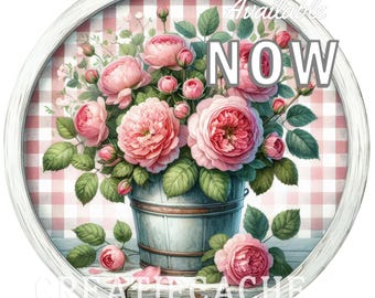 Pink Rose Gingham PNG Round | Spring Floral Sublimation, Sticker Sheet (Digital Download) Door Hanger