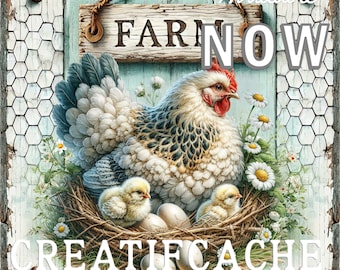 Rustic Farmhouse White Wood Farm Sign, Hen, Farm Sign, Chickens, Square, Mother Hen, Country Kitchen Wall Decor Digital Print, Commercial