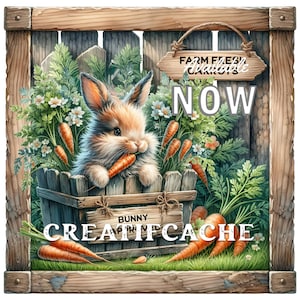 Op de afbeelding: Een bruin en wit konijn zit in een houten kist met wortels. De kist heeft een bord met de tekst "Bunny Apricot Cache". Een bord boven het konijn zegt "Farm Fresh Carrots Now".
