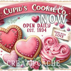 May include: A vintage-style sign for Cupid's Cookie Co. features heart-shaped cookies with pink frosting and decorations. The sign includes the text "Available Now, Open Daily, Est. 1894" and "Made with Love."