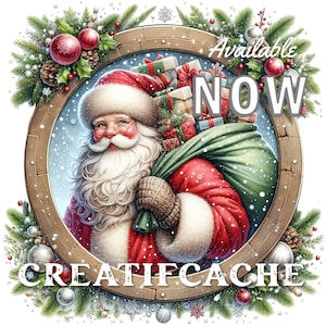 Puede incluir: Santa Claus con un traje rojo, barba blanca y una bolsa de regalos, de pie en un marco de madera decorado con ramas de pino y adornos. El texto "Available NOW" est&aacute; escrito encima de Santa y el texto "CREATIFCACHE" est&aacute; escrito debajo de &eacute;l.