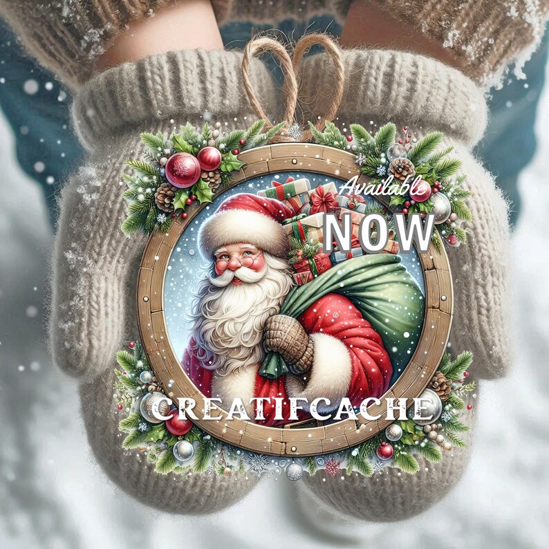 Puede incluir: Un adorno navide&ntilde;o con un Pap&aacute; Noel sosteniendo una bolsa de regalos. El adorno est&aacute; rodeado de acebo verde y bayas rojas. El texto "Available Now" y "Creatifcache" est&aacute;n en el adorno.