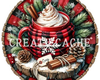 Cozy Round Buffalo Plaid Christmas Hot Cocoa  DIY Sign, Door Hanger, Digital,  PNG