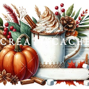 May include: A watercolour illustration of a white mug of hot chocolate with whipped cream, a pumpkin, cinnamon sticks, and autumn leaves. The image includes the text "CREATE CACHE" on a wooden background, creating a warm, autumnal feel.