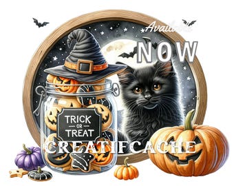 Spooky Halloween Black Cat Jack O lantern DIY Halloween Sublimation, PNG, Digital Print, Cute Halloween, Crafts, Home Decor, Fabric Transfer