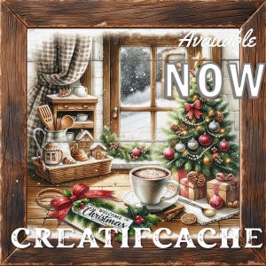 May include: A cozy Christmas scene with a decorated tree, gifts, and a cup of coffee on a windowsill. The image includes the text "Available NOW" and "Welcome Christmas". A rustic wooden frame surrounds the image.