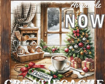 Square Cozy Christmas Kitchen, Window, Xmas DIY Sign Sublimation, Doorhanger, Wreath Accent, Decor, Tiered tray Decor, Digital Download, PNG
