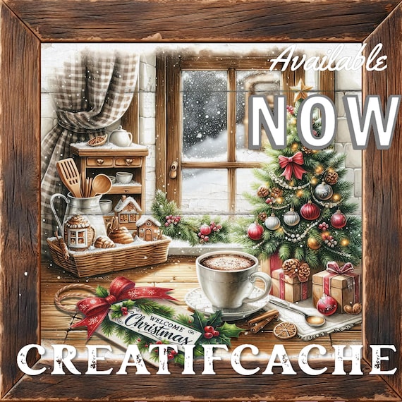 Square Cozy Christmas Kitchen, Window, Xmas DIY Sign Sublimation, Doorhanger, Wreath Accent, Decor, Tiered tray Decor, Digital Download, PNG
