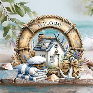 May include: A coastal-themed decorative arrangement. It features a wooden life ring with the word "WELCOME" and a miniature house. There's a captain's hat, folded blue and white striped towels, an anchor, and seashells. The scene is set on a weathered wooden surface.