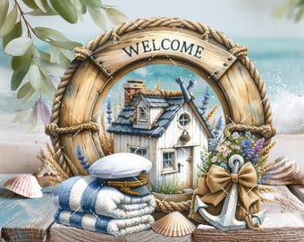 Nautical Summer Beach  PNG Sublimation, Round Cutting Board, DIY Sign, Digital Print